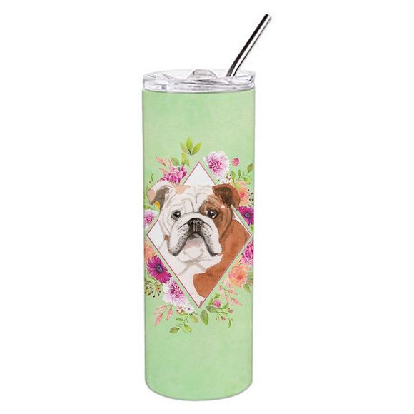 English Bulldog Green Flowers Stainless Steel 20 oz Skinny Tumbler - Picture 1 of 4